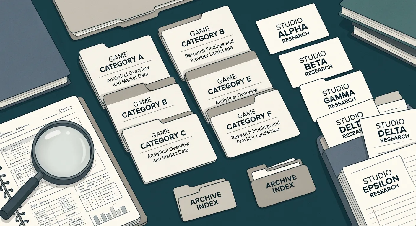 Neutral illustration of archived casino game categories and provider research notes