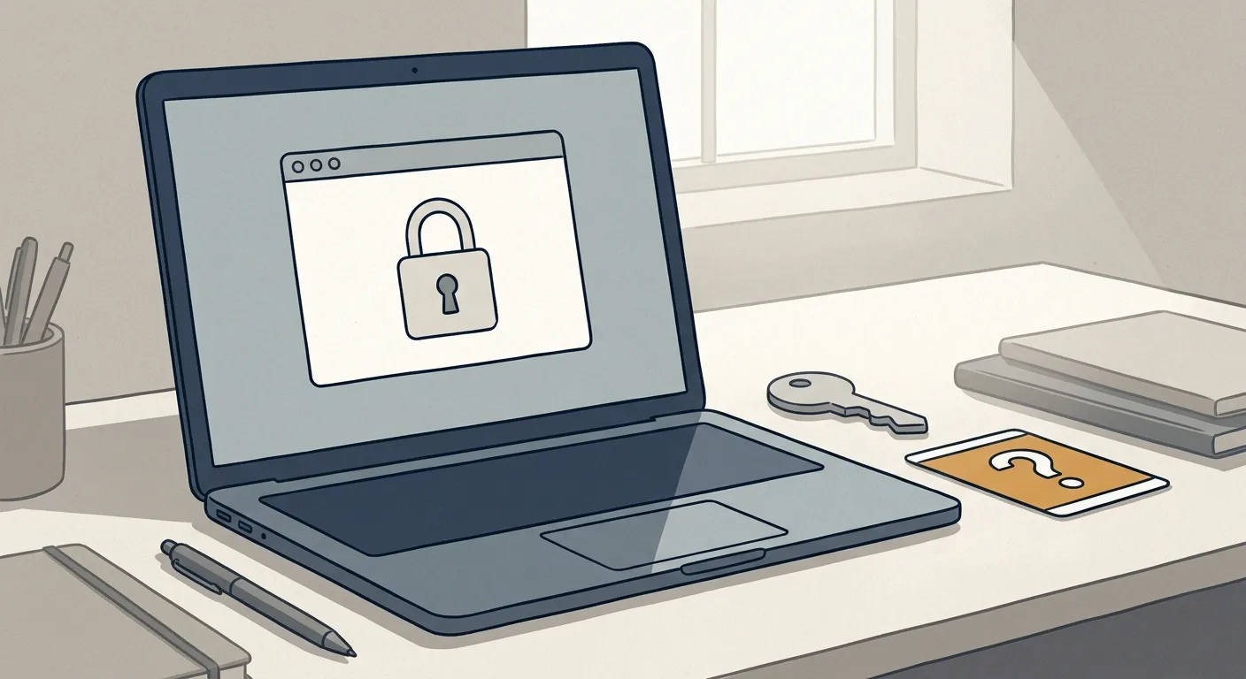 Editorial illustration of an account status checklist with a locked browser window