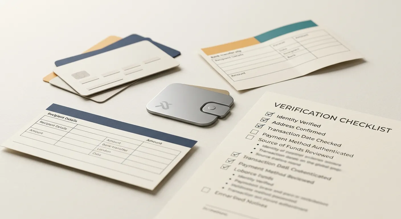 Neutral illustration of historical payment-method notes and verification checklists