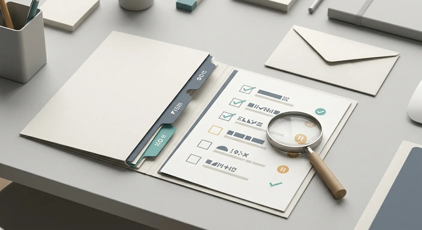 Editorial illustration of a withdrawal checklist and identity verification folder